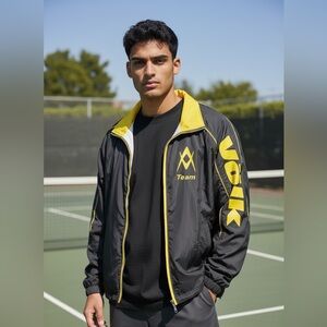 Völkl Tennis Team Track Jacket Black Yellow Full Zip Windbreaker Sz L
